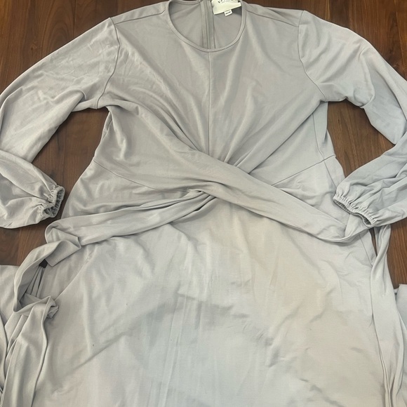 Gray Ruched Wrap Dress with Bishop Sleeves - Picture 1 of 9